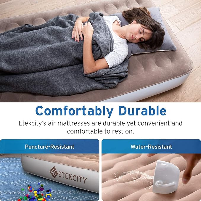 Etekcity Air Mattress Upgraded Twin Size Camping Air Bed Blow Up Bed Inflatable Mattress Raised Airbed with Rechargeable Pump for Guest Camping Hiking Height 9 Storage Bag Brown