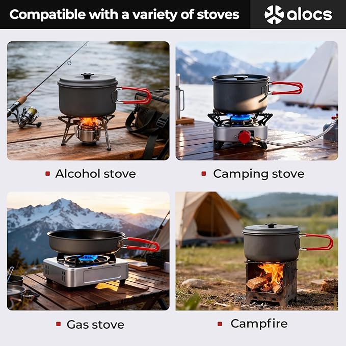Alocs Camping Cookware Set Camping Gear Compact Camping Pots and Pans Set Durable Hard Alumina Camping Cooking Set for Outdoor Backpacking Camping Hiking Picnic Included Mesh Carry Bag