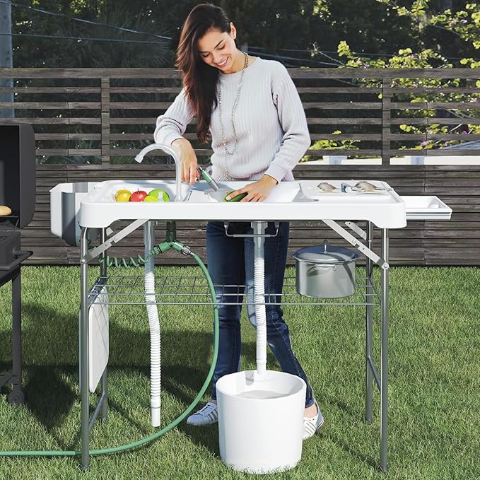 42.5 Fish Cleaning Table with Dual Sink Portable Folding Camping Table with Faucet Sprayer Grid Rack Hose Hook Up &amp Knife Groove Outdoor Sink Station for Picnic Beach Patio