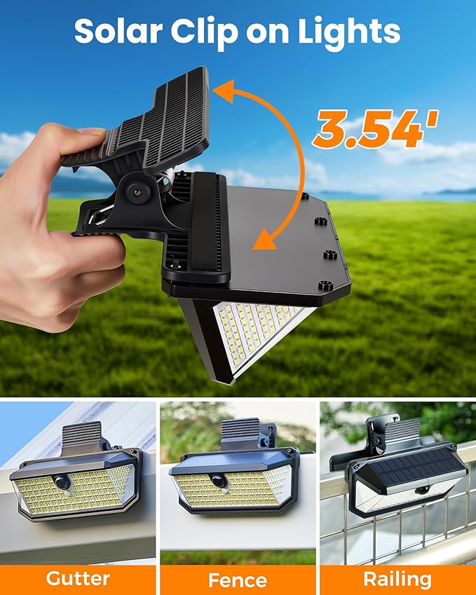 416LEDs Clip on Solar Lights Outdoor1-Second Install Solar Flood Lights300° Wide Angle &amp 3 Lighting Modes Motion Sensor Outdoor Light for Patio Fence Yard Deck Garage (1)