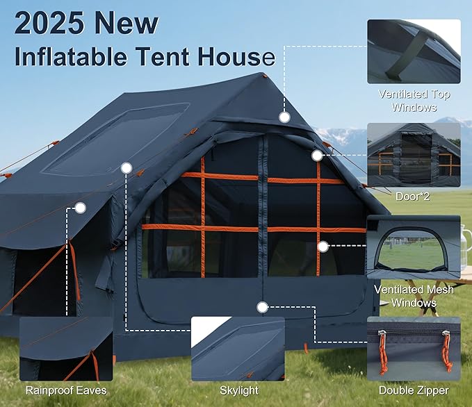 Inflatable Tents for Camping with 13 * 7 ft Awning Oxford Blow Up Easy Setup Inflatable Tent Skylight Waterproof Inflatable Outdoor House Casa de Campaña