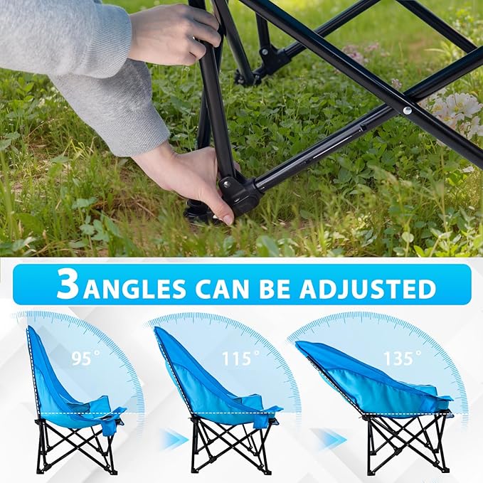Outdoor Oversized Camping Chair Heavy Duty Support 500 LBS for Adults Portable Folding Wide Lawn Chair with Headrest Support and Cup Holder Low Camping Chair for Fishing Garden Blue