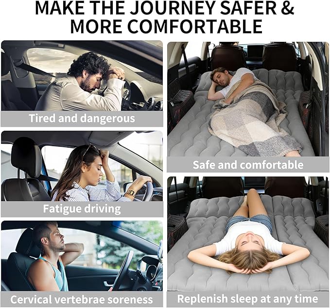 Car Air Mattress Inflatable SUV Truck Camping Mattress for Back Seat Thickened Travel Car Bed Sleeping Pad with Air Pump 2 Pillows (SUV-Grey SUV Air Mattress)
