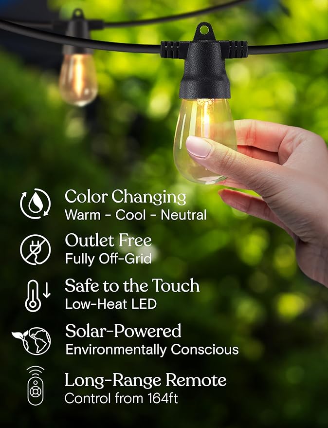 Brightech 48 (42+6) FT Ambience Pro Outdoor Solar String Lights - Bright Remote Control Color Adjustable Solar Light - Commercial Grade 15 Waterproof LED Bulbs for Patios Camping Yard Outside