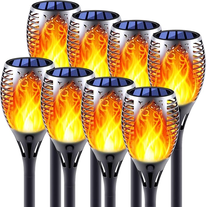 Solar Torch Lights with Flickering Flame Fire Effect Garden Light Auto On/Off Dust to Dawn Outdoor Waterproof Landscape Decoration Powered Security Light for Patio 8 Pack