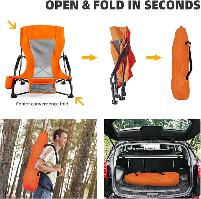 Outdoor Beach Chair for Adults Set of 2 PCS Portable Lightweight Low Back Sling Chair with Cup Holder 300lbs Capacity Camping Chair for Patio Lawn Concert Travel (Orange)