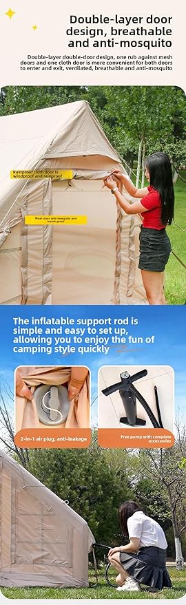 Capacity for 4-6 People Outdoor Inflatable Camping Deluxe Tent 6.3 Flat Inflatable House Oxford Cloth Tent Double Door Air Pump with Window Travel Sun Protection Waterproof Windproof Camping Tent