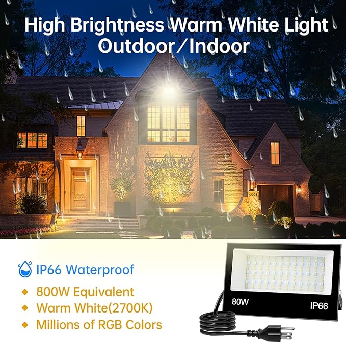 Remon LED Flood Light Outdoor 800W Equivalent 8000LM Smart RGB Landscape Lighting with APP Control DIY Scenes - Timing - Warm White 2700K - Color Changing Uplight IP66 Waterproof 43 Modes (2 Pack)