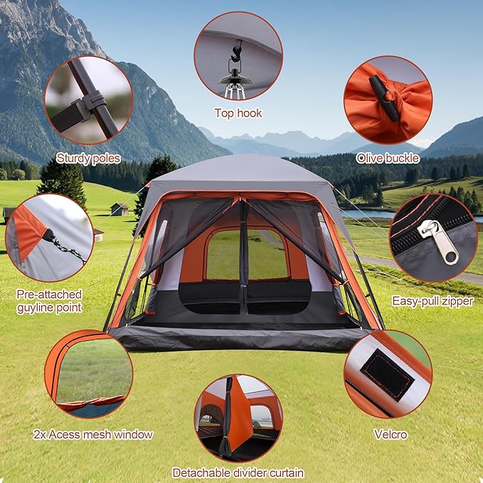 8–10-12 Person Camping Tent 2 Room Family Tent with Zippered Divider Porch Rainfly Extra Large Waterproof Cabin Tent with 3 Mesh Doors &amp Windows Easy Setup 7.1 ft Tall Tent for Outdoor Campin