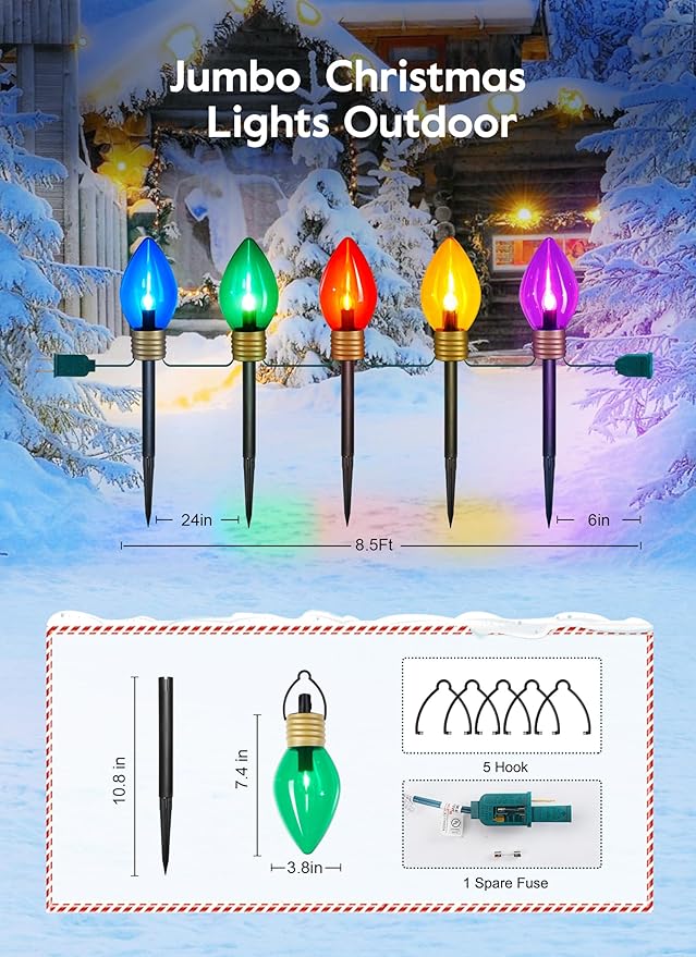 Brightown Jumbo C9 Christmas Lights Outdoor Decorations Lawn with Pathway Marker Stakes 8 Feet LED Lights Covered Jumbo Multicolored Light Bulb for Holiday Outside Yard Garden Decor 5 Lights