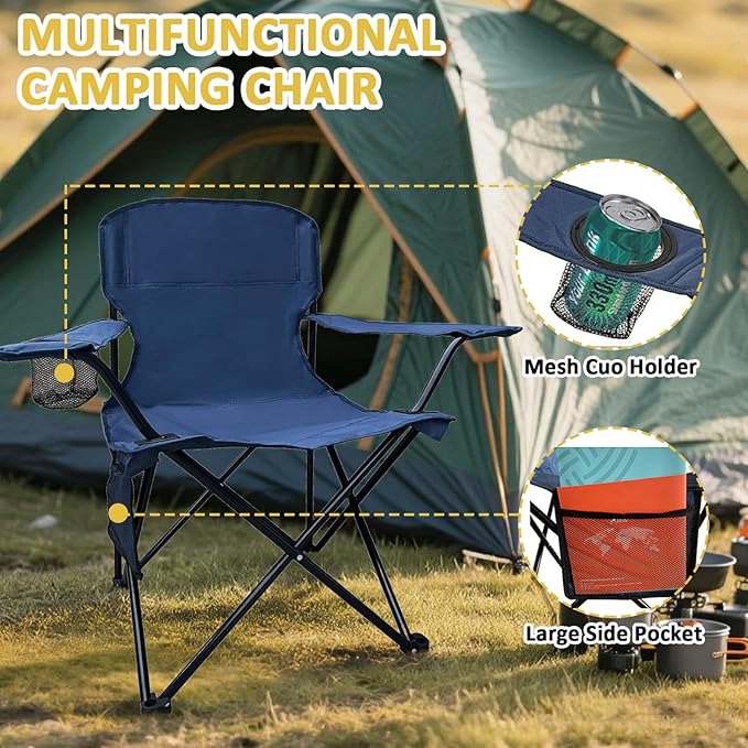 Camping Folding Chair with Cup Holder &amp Storage Pocket - 5.5lbs Lightweight 225lb Capacity Portable Camp Chairs for Outdoor Hiking Hunting Sports 2 Pack Navy Blue
