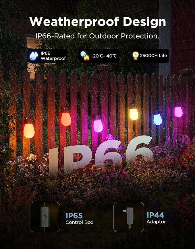 Govee S14 Bulb Outdoor String Lights 2 48ft Smart RGBIC Warm White Patio Lights with 15 LED Bulbs 111 Scene Modes for Outdoor Decor Upgraded IP66 Compatible with Alexa Google Matter APP Control