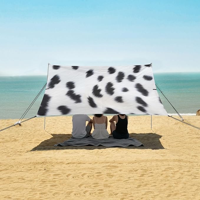 Dalmatian Fur Texture Beach Tent Sun Shelter 9.2' x 10.5' Beach Canopy with 4 Sandbags 4 Stability Poles Sand Shovels - Tent Canopy for Beach Camping Fishing Picnics