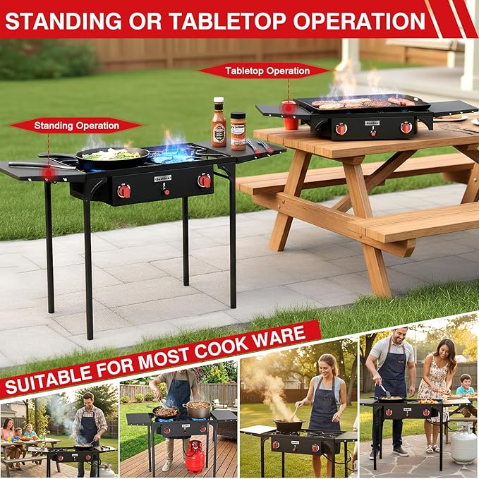 Bestfire 2 burner Camping Stove with Auto Ignition ButtonSide Shelves &amp Regulator150000 BTU High Pressure Gas Stove Propane Burner With Removable Legs for Outdoor BBQ&ampBackyard Cooking Campin