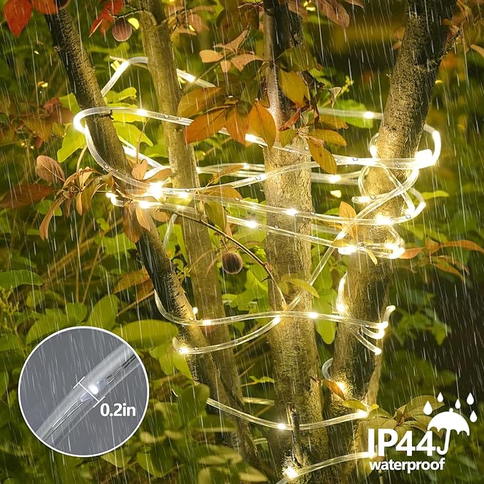 YEGUO Solar Valentines Light Outdoor Waterproof 66ft 200 LED Warm White Rope Lights 8 Modes Tube Christmas String Lights in Clear Thin Tube
