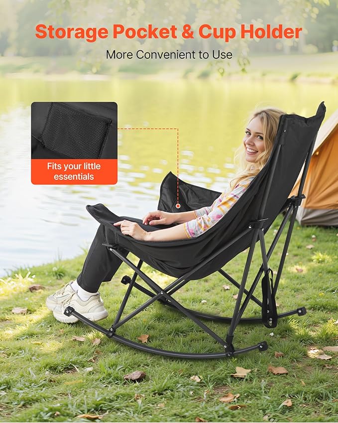 VEVOR Rocking Camping Chair Portable Folding Rocker Heavy-Duty Lawn Chair Recliner with Cupholder &amp Pocket Supports 225lbs Fully Padded Camp Chairs for Outdoor Patio Backyard Porch Garden