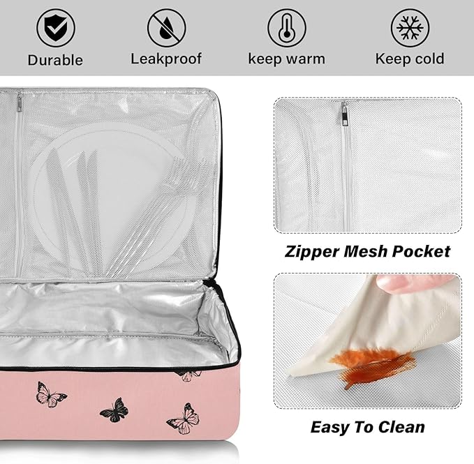 Casserole Carrier Beautiful Pattern Pink ButterflyInsulated Casserole Carrier for Hot or Cold Food Thermal Lunch Tote for Potluck Parties Picnic Beach Fits 9 x 13 Inches Baking Dish