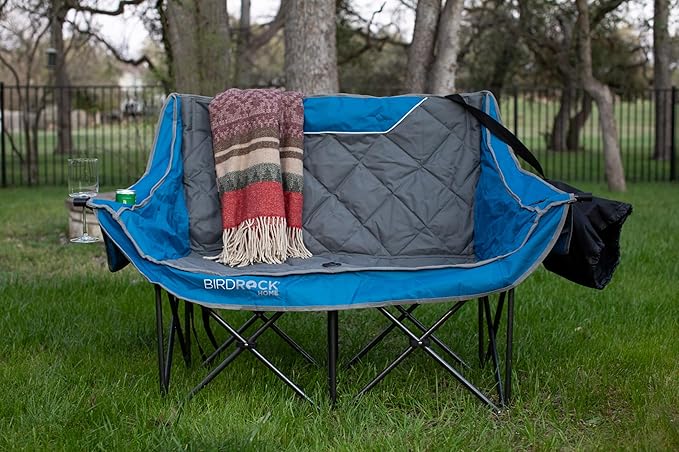 BIRDROCK HOME Double Camping Chair - Double Wine &amp Cup Holders - Blue &amp Grey Durable Padded Fabric Sturdy Frame 650 lb Cap. Storage Spacious Camping Sofa Loveseat for The Beach Sports O