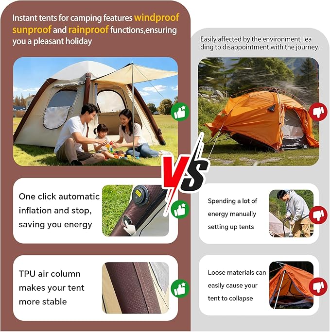 Automatic Inflatable Tent with Air Pump Family Tents for Camping Windproof Waterproof 3 Person Tent Easy Set Up in 2-3 Min Camping Essentials for Backyard Outdoor