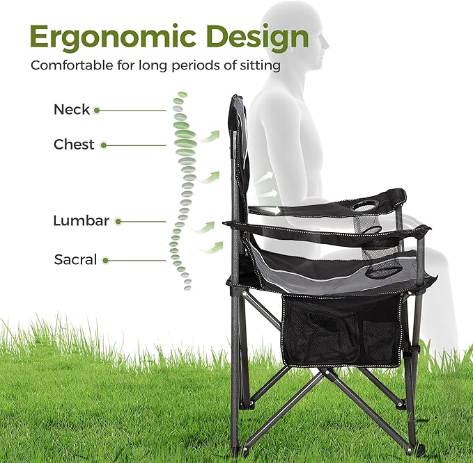 ALPHA CAMP Oversized Camping Folding Chair - Heavy Duty Steel Frame Support 350 LBS Collapsible Padded Arm With Cup Holder Quad Lumbar Back Portable for Outdoor/Indoor