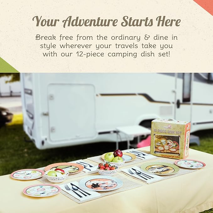 Melamine Plates &amp Bowls Set - 12-Piece Dish Set for Indoor &amp Outdoor Dining - BPA Free Top Shelf Dishwasher Suitable Dinnerware Set - Sturdy Melamine Dinnerware Sets - Camping Dishes by Camp