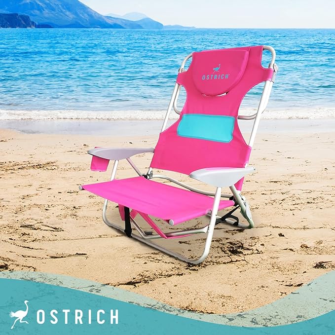 Ostrich Outdoor Beach Ladies Comfort On-Your-Back Adjustable &amp Portable Beach Chair with Backpack Straps and Cup Holder Pink (3 Pack)