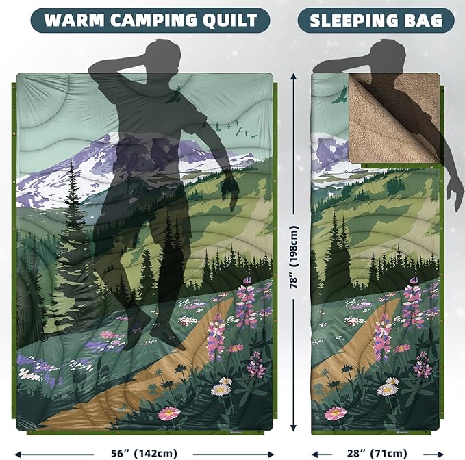 Outdoor Camping Blanket with Sherpa Lining Extra Warm Thick Camp Blankets and Puffy Ultralight Soft Poncho DWR Camping Quilt for Cold Weather Adventure Sleeping Backpacking 78x 56