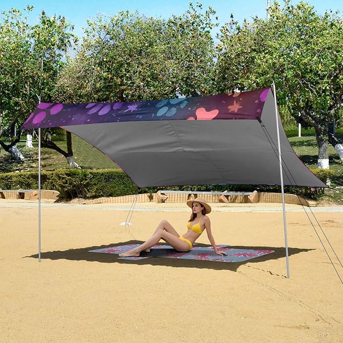 ALAZA Colorful Paw Print Stars Beach Tent Sun Shelter UPF50+ Protection Beach Shade Canopy w/ 4 Sandbags for Outdoor Camping Fishing Backyard Fun Picnic 10x9 ft