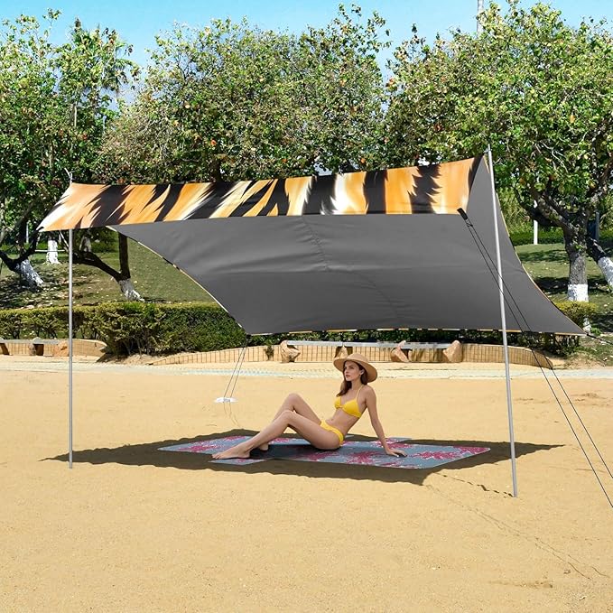 Bolaz Beach Canopy Tent Sun Shade9'×10.5' Large Family Beach Shade UPF50+- Outdoor Shade for Camping Trips FishingTiger Skin