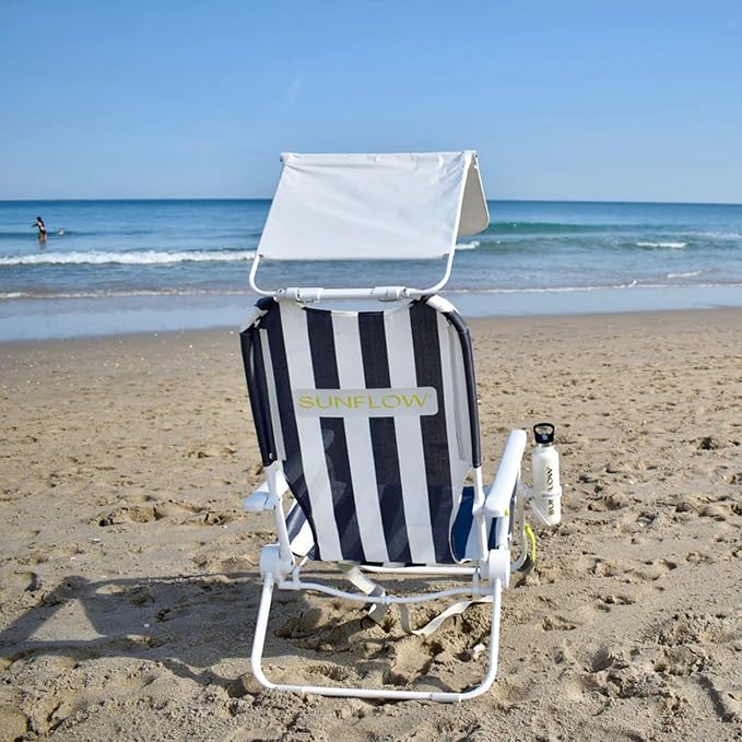 SUNFLOW Shore Thing Premium Beach Chair - Adjustable Portable Rust-Resistant Reclining Beach Chair with UPF 50+ Sun Shade and Drink Holder for The Ultimate in Comfort (Deep Blue Stripe)