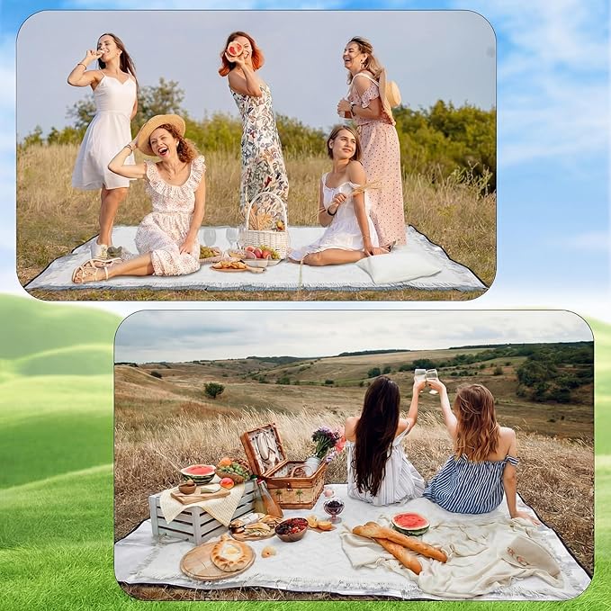 110×134'' Extra Large Outdoor Picnic Blanket with Waterproof Mat Oversize Beach Woven Cotton Yarn Blanket with Fringe Machine Washable Sandproof Portable for Spring Summer Camping Beach Park