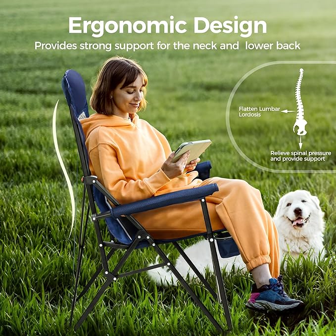 ALPHA CAMP Heavy Duty High Back Camping Chairs with Cup Holder Oversized Folding Chair Outdoor Chair with HeadrestLawn with Side Pocket for Lawn Sports and Fishing 500lbs