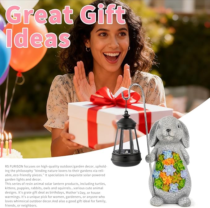 Solar Rabbit Garden Statue with Lantern – Waterproof Resin Outdoor Decor for Yard Lawn Patio Garden – Gift for Easter Christmas Housewarming – Solar Garden Decor