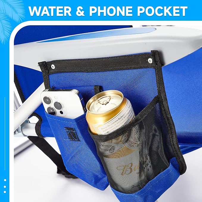 Portable Beach Chair for Adults Outdoor Camping Chair Lay Flat Folding Backpack Beach Reclining Chair with 5 Positions Headrest Zipper Pouch Cup Holder Blue