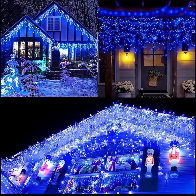 320LED Solar Christmas Lights Outdoor Waterproof Christmas Decorations Curtain Lights 29.5ft 60 Drops8 Modes Solar Powered Rechargeable Fairy Lights for Party HolidayWedding Decorations (Blue)