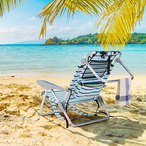 2 Pack Lightweight Portable Camping Beach Chair for Adults Outdoor Lay Flat Folding Beach Chairs with 5 Positions Backpack Beach Chair with Towel Bar Zipper Pouch Cup Holder White Striped