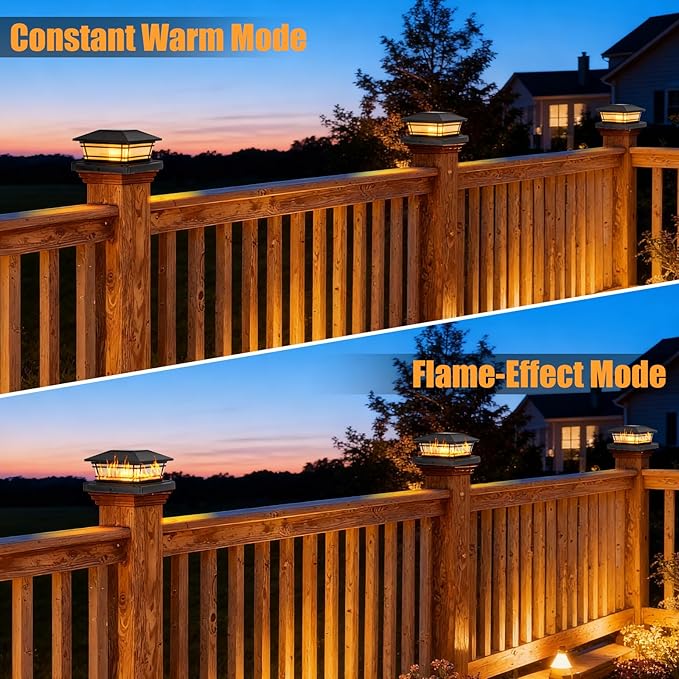 Flame Solar Post Cap Lights Flickering Flame &amp Warm Light Solar Deck Post Lights Waterproof Fence Post Lights for Garden Yard Porch Patio for 4x4 5x5 6x6 Vinyl/Wooden Posts 4 Pack Black