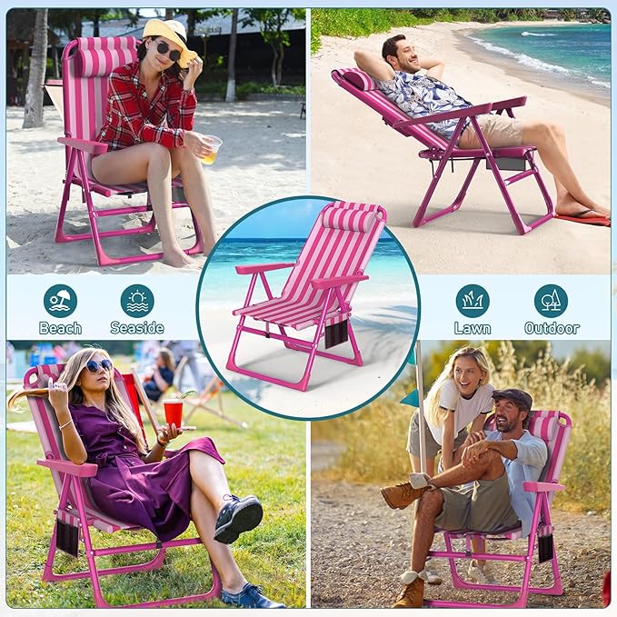 Suteck Backpack Beach Chairs for Adults 2 Pack 6-Position Folding Reclining Chair with Cooler Bag &amp Cup Holder Lightweight Portable Beach Chair for Camping Outdoor Sand Travel Use