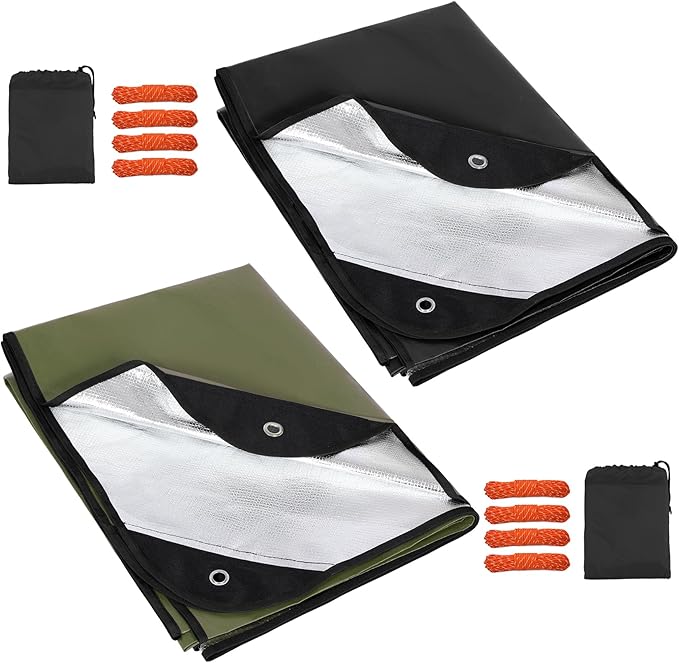RedSwing 2 Pack Heavy Duty Waterproof Emergency Thermal Tarp Insulated Survival Blanket for Outdoor Camping Hiking and Emergency Shelter Green+Black