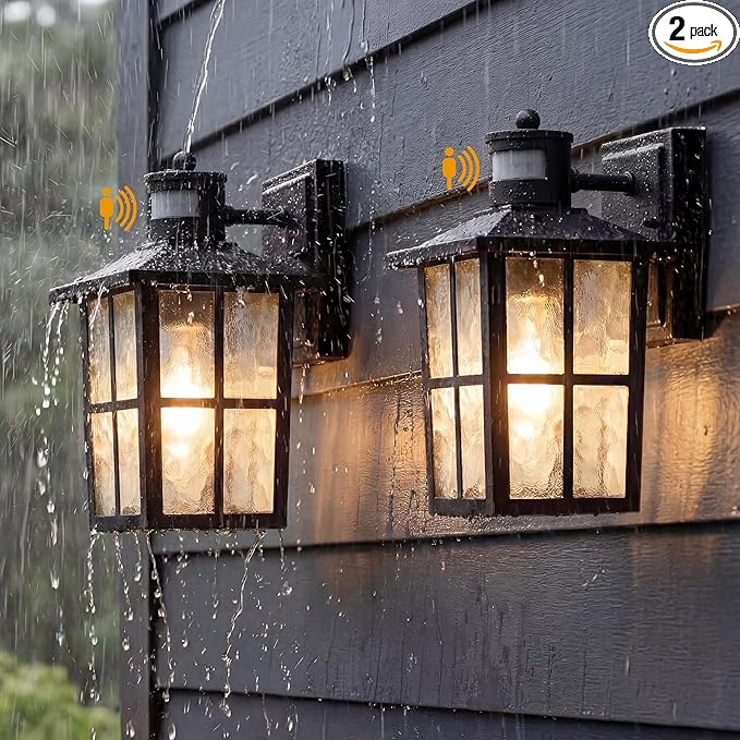 KDG Outdoor Motion Sensor Patio Wall Light Fixtures Set of 2 Black E26 Socket Waterproof Lanterns with Tempered Glass Modern Wall Mounted Lamps Suitable for Home Front Door Garage Porch