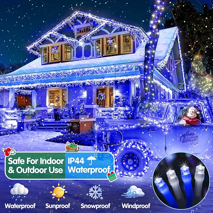 Heceltt Christmas Lights Outdoor 522FT 1300 LED String Lights with 8 Lighting Modes Timer Memory Twinkle Fairy Lights Waterproof Plug in for Xmas Tree Wedding Party Holiday Decor(Blue and White)
