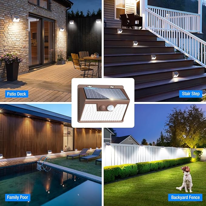 Peasur Solar Lights Outdoor Waterproof [12 Packs/140 LEDs] 3 Lighting Modes Solar Motion Sensor Light Outdoor Ultra Bright Security Lights Outdoor Solar Lights for Outside Fence Patio Deck[Brown]