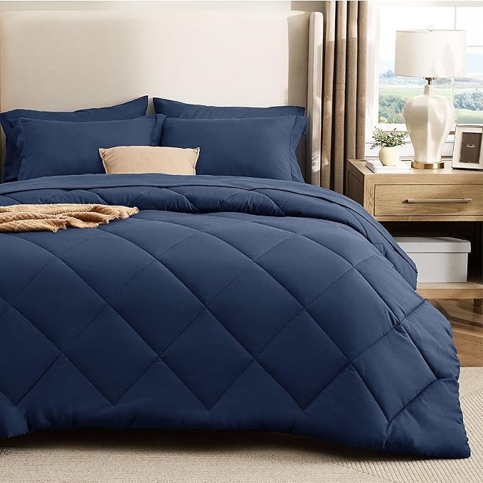Bedsure 7 Pieces Queen Comforter Set Premium Series Hotel Luxury Soft Bed in a Bag Goose Down Alternative Safe for Sensitive Skin Bedding Comforter All Season Medium Warmth Navy Blue Queen Size