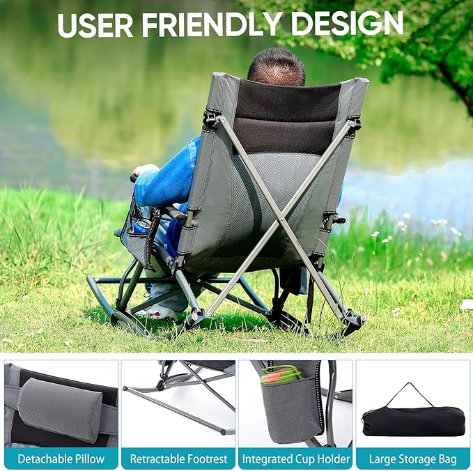 Oversized Folding Rocking Camping Chair Outdoor Portable Rocker Chair with Hard Armrest for Adults Heavy Duty Foldable Rocking Chairs for Outside Patio Lawn Supports up to 400 Lbs Gray