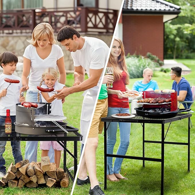 Folding Grill Table Camping Table with Mesh Desktop Lightweight 3 FT Metal Table for Outside Height Adjustable Portable Grill Tables for Camping Picnic Beach and BBQ RV