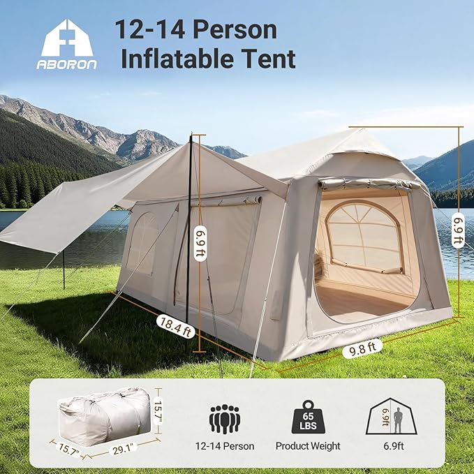 ABORON 2/6/8/10/12 Person Inflatable Camping Tent Easy Setup Blow Up Tent with Hand Pump PU3000mm Waterproof &amp Breathable 4 Season Glamping Tent for Outdoor Camping
