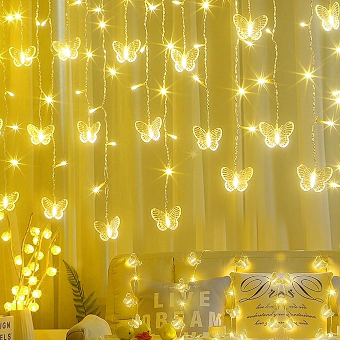 Butterfly Curtain Fairy Lights USB Plug in120 LED 8 Modes 20FT Firefly Twinkle Icicle String Lights with Remote Timer Waterproof Copper Wire for Bedroom Patio Christmas Wedding Party Dorm(Warm White)