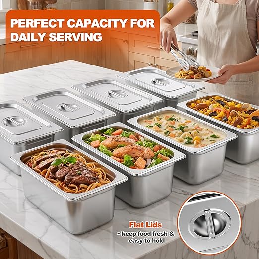 6 Pack 1/3 Size Stainless Steel Hotel Pans with Lids 6 Inch Deep Steam Table Pans Anti-Jam Metal Hotel Pans with Clip for Restaurant Home Catering Food Storage
