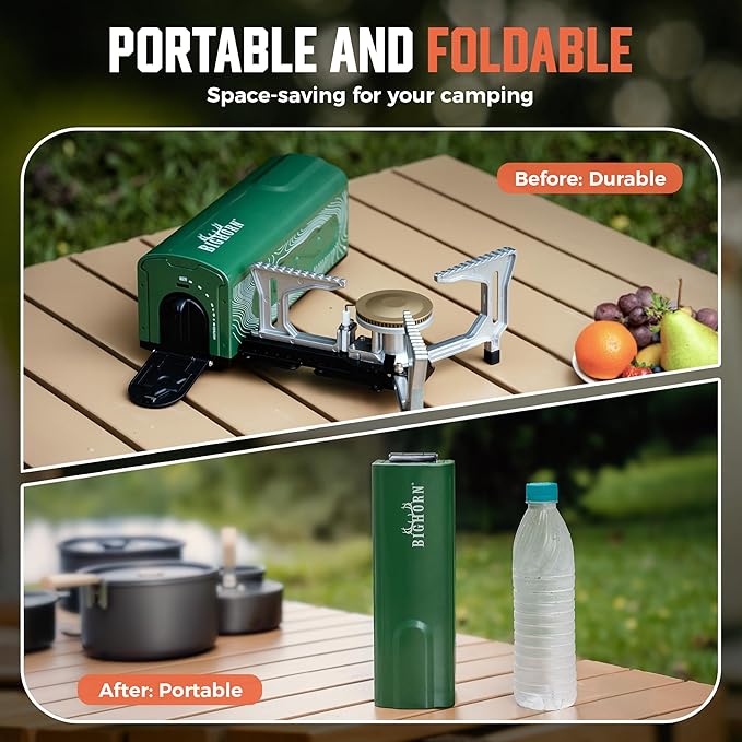 BIG HORN OUTDOORS Butane Camping Stove Portable Folding Gas Burner with Carry Bag for Camping Emergency Use and Outdoor Cooking