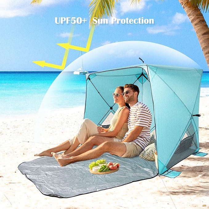 Beach TentBeach Sun Shelter with UPF 50+UV Protection with Extendable Floor mat for 3-4 Person Waterproof Portable Easy Setup Beach Canopy Shade Tent for Outdoor Camping Picnics